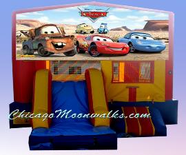 Disney Pixar Cars MoonWalk Rental Chicago. Slide Combo with Large Jumpy Area & Basketball Hoop.  Illinois Suburbs Party Rental. Features Characters Lighting McQueen, Mater, Sally, Guido & Luigi.  Entertainment for Children & Kids Parties. Reserve Your Bounce HouseToday.