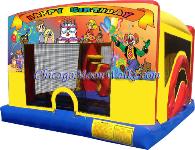 4 in 1 Happy Birthday Indoor Combo Bounce House.  Fun Activities Include Basketball Hoop, Slide, Pop-up Obstacle, and Large Jumping Area.  Chicago Moonwalks Rental always provides Clean & Sanitized Jumping Balloons everyone Loves!  Reserve yours Today.