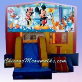 Mickey Mouse Party Rental Bounce House Chicago.  This Jumping Jack Features Mickey Character, Minnie Mouse, Donald Duck, Daisy Duck & Goofy. Themed Character Party Rental Completes Your Celebration in Style, and It Entertains Children With a Slide & Basket Ball Hoop as Well.