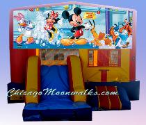 Mickey Mouse Party Rental Bounce House Chicago.  This Jumping Jack Features Mickey Character, Minnie Mouse, Donald Duck, Daisy Duck & Goofy. Themed Character Party Rental Completes Your Celebration in Style, and It Entertains Children With a Slide & Basket Ball Hoop as Well.
