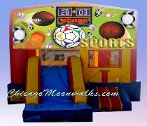 Sports Themed 3-1 Moonwalk Rental Illinois, Chicago & Suburbs.  A Great Addition to Any Party, Perfect for Boys & Girls. Corporate Events, Birthday Parties & Family Reunions. Includes Slide, Basket Ball Hoop. Chicago Area Party Rentals.  Rent in Illinois Suburbs.  Can be used for Backyards, Parks and Gymnasiums.
