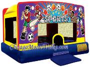 Sports Theme Indoor Moonwalk Moonbounce Inflatable Bouncer, Bounce House Moonjump Rental Chicago.  Great for an Indoor Birthday party where ceiling space is limited.  This is great to have fun despite the weather.  Rent Your Special Space walk Moon Jump Today.