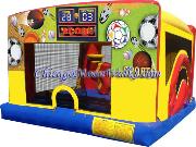4 in 1 Sports Theme Indoor Combo Includes Slide, Basketball Hoop, Pop-Up Obstacles, and Large Jumpy Area.  Great for smaller venues with height limitations.  Take the party indoors if the weather is bad.  This Moonwalk Rental will bring smiles to your Little Guests.