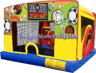 4 in 1 Sports Theme Indoor Combo Includes Slide, Basketball Hoop, Pop-Up Obstacles, and Large Jumpy Area.  Great for smaller venues with height limitations.  Take the party indoors if the weather is bad.  This Moonwalk Rental will bring smiles to your Little Guests.
