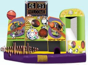 Sports Theme Bounce House Moonwalk Combo.  5 in 1 Inflatable jumper is the right moonjump for kids parties, family reunions, or just a day of fun.  This Grand Deluxe Jumping Jack is the perfect addition to your celebration.  Chicago Moonwalks, offers Clean, Bouncy, inflatables in Chicago & surrounding suburbs.